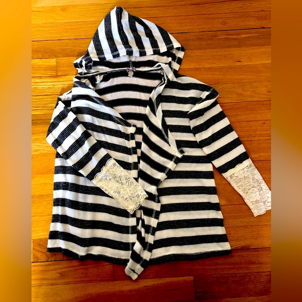 Poof Girl Black and Cream Striped Open Front Cardigan with hood and lace sleeves